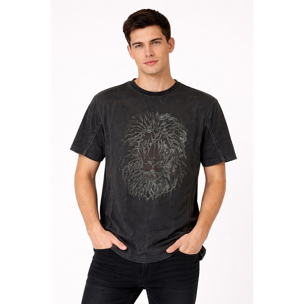KROME Men's Shirt 2XL Black Short Sleeve Lion Graphic Textured Streetwear Gothic